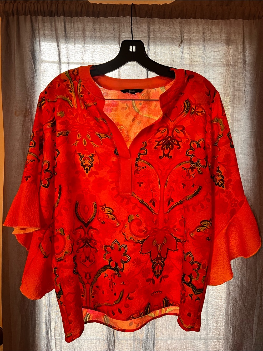 Bright Orange Floral Split-Neck Women’s Top